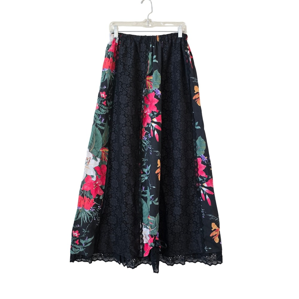 Captive Fashions Floral Lace Paneled Maxi Skirt Black Tropical Boho Small